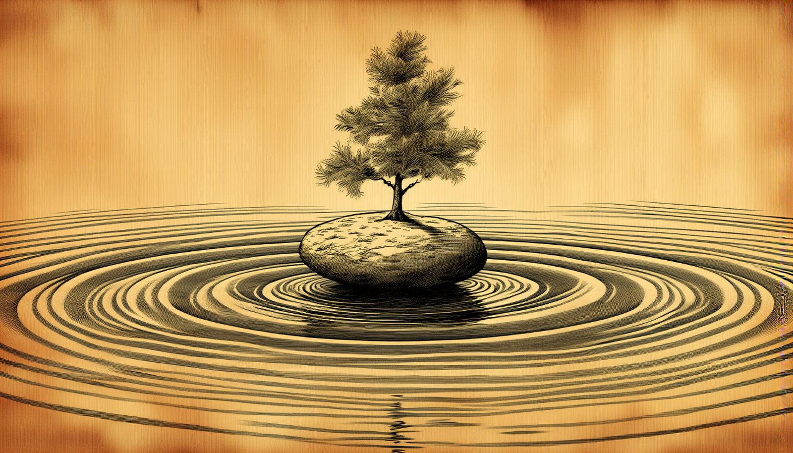 A stone meeting still water, rings spreading outward, a young tree rising from the center