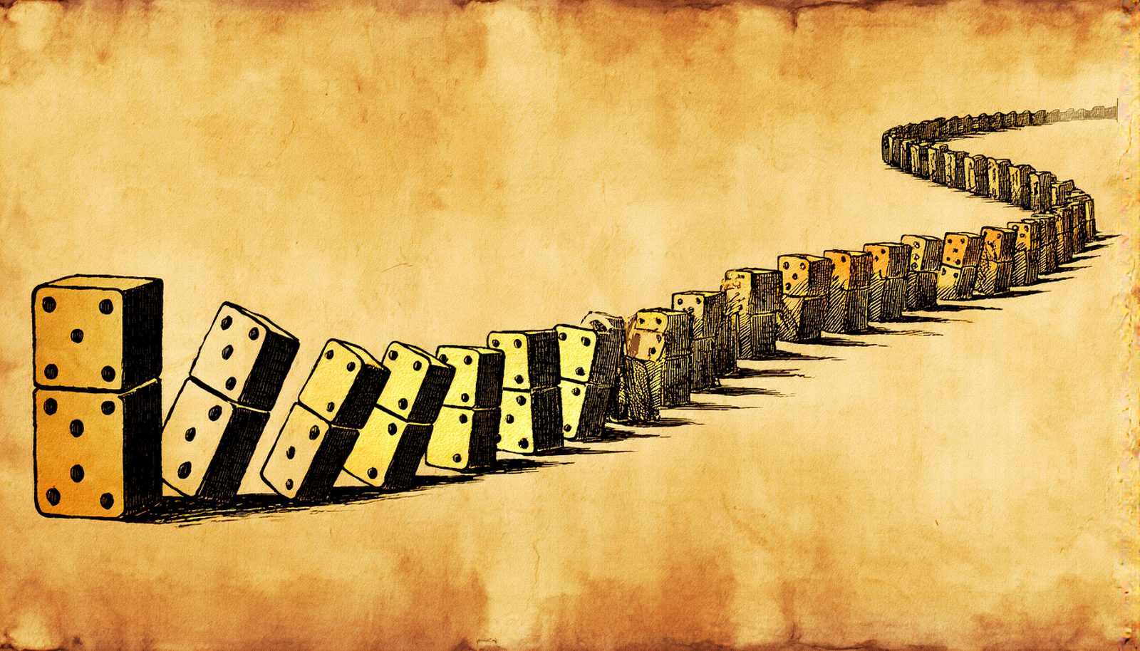 A long curving line of dominoes, the first ones already falling