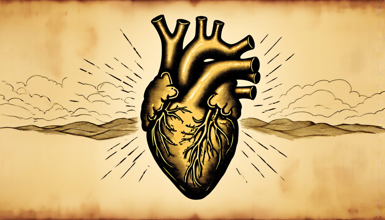 An engraved golden heart with rays reaching out over the hills and clouds around it