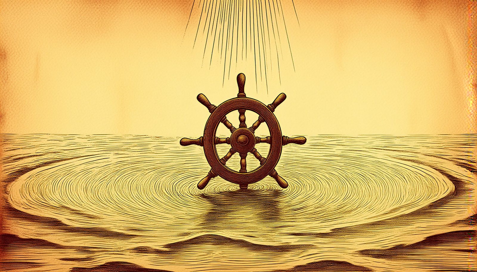 A wooden ship's wheel at the center of a calm sea, light falling on the helm